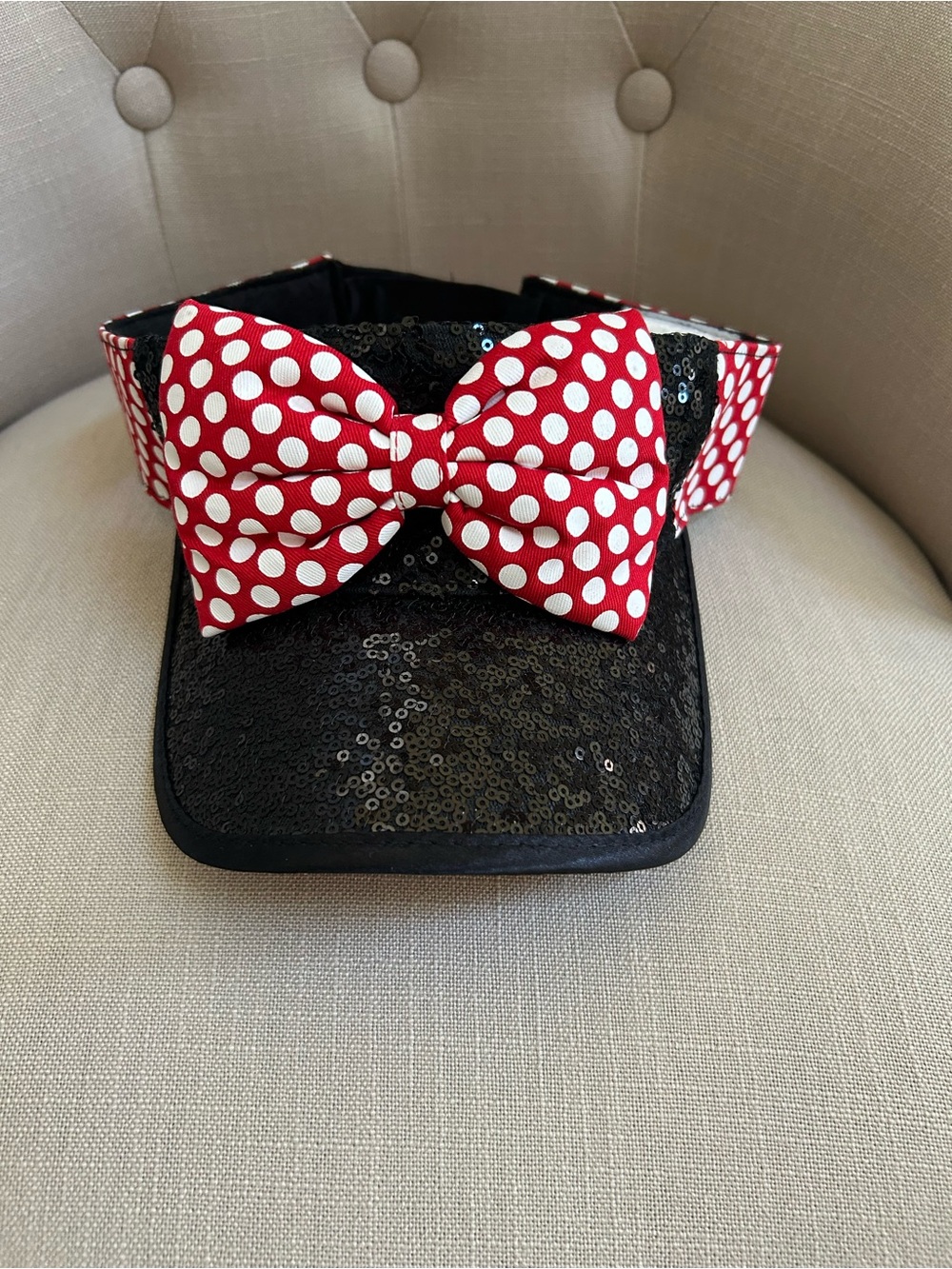 Disney Black Sequin Visor with Red and White Polka Dot Bow